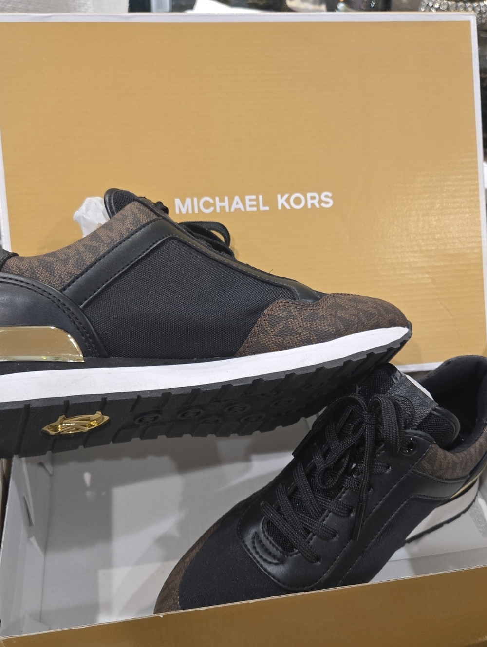Michael Kors Maddie Trainer For Women Black & Brown Logo Accent Sneakers